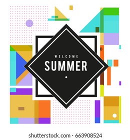 Trendy vector summer cards illustration with elements and abstract colorful textures. Design for holiday vacation poster, card, brochure, and promotion template. Fashion art print and background.