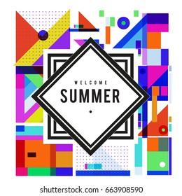 Trendy vector summer cards illustration with elements and abstract colorful textures. Design for holiday vacation poster, card, brochure, and promotion template. Fashion art print and background.