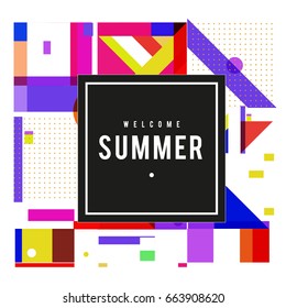 Trendy vector summer cards illustration with elements and abstract colorful textures. Design for holiday vacation poster, card, brochure, and promotion template. Fashion art print and background.