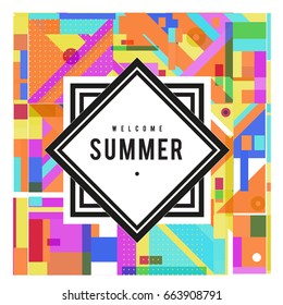 Trendy vector summer cards illustration with elements and abstract colorful textures. Design for holiday vacation poster, card, brochure, and promotion template. Fashion art print and background.