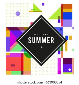 Trendy vector summer cards illustration with elements and abstract colorful textures. Design for holiday vacation poster, card, brochure, and promotion template. Fashion art print and background.