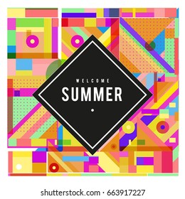 Trendy vector summer cards illustration with elements and abstract colorful textures. Design for holiday vacation poster, card, brochure, and promotion template. Fashion art print and background.