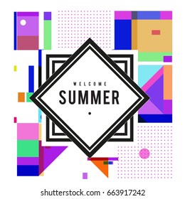 Trendy vector summer cards illustration with elements and abstract colorful textures. Design for holiday vacation poster, card, brochure, and promotion template. Fashion art print and background.