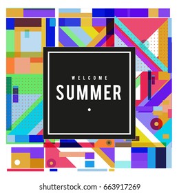 Trendy vector summer cards illustration with elements and abstract colorful textures. Design for holiday vacation poster, card, brochure, and promotion template. Fashion art print and background.