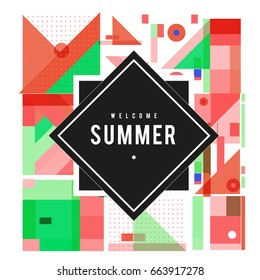 Trendy vector summer cards illustration with elements and abstract colorful textures. Design for holiday vacation poster, card, brochure, and promotion template. Fashion art print and background.