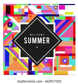 Trendy vector summer cards illustration with elements and abstract colorful textures. Design for holiday vacation poster, card, brochure, and promotion template. Fashion art print and background.