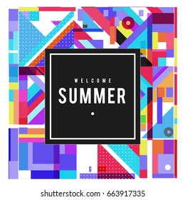 Trendy vector summer cards illustration with elements and abstract colorful textures. Design for holiday vacation poster, card, brochure, and promotion template. Fashion art print and background.