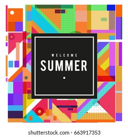 Trendy vector summer cards illustration with elements and abstract colorful textures. Design for holiday vacation poster, card, brochure, and promotion template. Fashion art print and background.