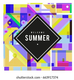 Trendy vector summer cards illustration with elements and abstract colorful textures. Design for holiday vacation poster, card, brochure, and promotion template. Fashion art print and background.