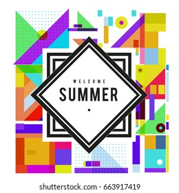 Trendy vector summer cards illustration with elements and abstract colorful textures. Design for holiday vacation poster, card, brochure, and promotion template. Fashion art print and background.