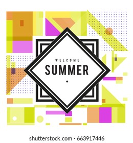 Trendy vector summer cards illustration with elements and abstract colorful textures. Design for holiday vacation poster, card, brochure, and promotion template. Fashion art print and background.