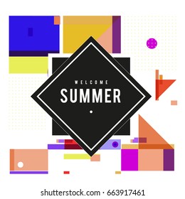Trendy vector summer cards illustration with elements and abstract colorful textures. Design for holiday vacation poster, card, brochure, and promotion template. Fashion art print and background.