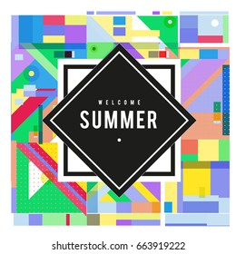 Trendy vector summer cards illustration with elements and abstract colorful textures. Design for holiday vacation poster, card, brochure, and promotion template. Fashion art print and background.
