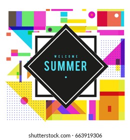 Trendy vector summer cards illustration with elements and abstract colorful textures. Design for holiday vacation poster, card, brochure, and promotion template. Fashion art print and background.