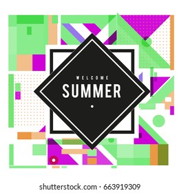 Trendy vector summer cards illustration with elements and abstract colorful textures. Design for holiday vacation poster, card, brochure, and promotion template. Fashion art print and background.