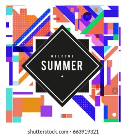 Trendy vector summer cards illustration with elements and abstract colorful textures. Design for holiday vacation poster, card, brochure, and promotion template. Fashion art print and background.