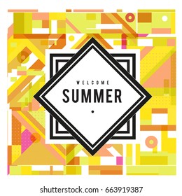 Trendy vector summer cards illustration with elements and abstract colorful textures. Design for holiday vacation poster, card, brochure, and promotion template. Fashion art print and background.