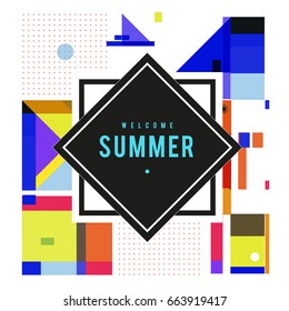 Trendy vector summer cards illustration with elements and abstract colorful textures. Design for holiday vacation poster, card, brochure, and promotion template. Fashion art print and background.