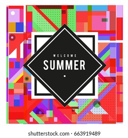 Trendy vector summer cards illustration with elements and abstract colorful textures. Design for holiday vacation poster, card, brochure, and promotion template. Fashion art print and background.
