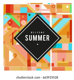 Trendy vector summer cards illustration with elements and abstract colorful textures. Design for holiday vacation poster, card, brochure, and promotion template. Fashion art print and background.