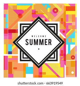 Trendy vector summer cards illustration with elements and abstract colorful textures. Design for holiday vacation poster, card, brochure, and promotion template. Fashion art print and background.