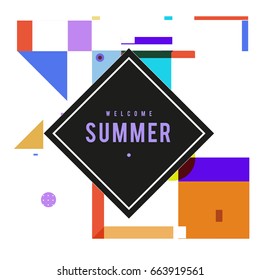 Trendy vector summer cards illustration with elements and abstract colorful textures. Design for holiday vacation poster, card, brochure, and promotion template. Fashion art print and background.