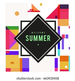 Trendy vector summer cards illustration with elements and abstract colorful textures. Design for holiday vacation poster, card, brochure, and promotion template. Fashion art print and background.