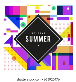 Trendy vector summer cards illustration with elements and abstract colorful textures. Design for holiday vacation poster, card, brochure, and promotion template. Fashion art print and background.