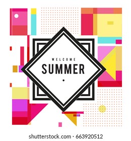 Trendy vector summer cards illustration with elements and abstract colorful textures. Design for holiday vacation poster, card, brochure, and promotion template. Fashion art print and background.