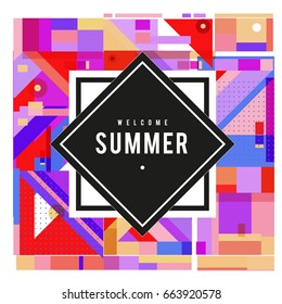 Trendy vector summer cards illustration with elements and abstract colorful textures. Design for holiday vacation poster, card, brochure, and promotion template. Fashion art print and background.