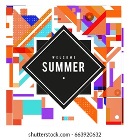 Trendy vector summer cards illustration with elements and abstract colorful textures. Design for holiday vacation poster, card, brochure, and promotion template. Fashion art print and background.