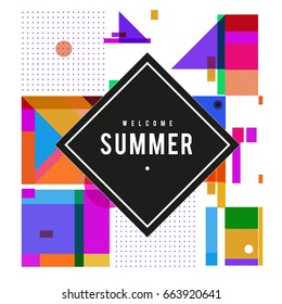 Trendy vector summer cards illustration with elements and abstract colorful textures. Design for holiday vacation poster, card, brochure, and promotion template. Fashion art print and background.
