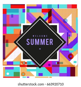 Trendy vector summer cards illustration with elements and abstract colorful textures. Design for holiday vacation poster, card, brochure, and promotion template. Fashion art print and background.