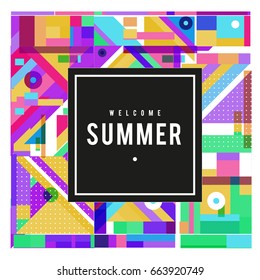 Trendy vector summer cards illustration with elements and abstract colorful textures. Design for holiday vacation poster, card, brochure, and promotion template. Fashion art print and background.