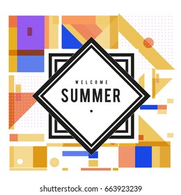 Trendy vector summer cards illustration with elements and abstract colorful textures. Design for holiday vacation poster, card, brochure, and promotion template. Fashion art print and background.