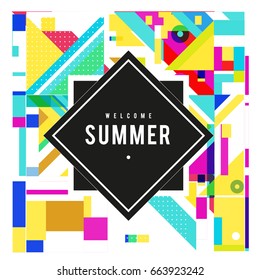 Trendy vector summer cards illustration with elements and abstract colorful textures. Design for holiday vacation poster, card, brochure, and promotion template. Fashion art print and background.