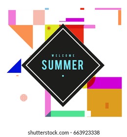 Trendy vector summer cards illustration with elements and abstract colorful textures. Design for holiday vacation poster, card, brochure, and promotion template. Fashion art print and background.