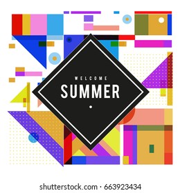 Trendy vector summer cards illustration with elements and abstract colorful textures. Design for holiday vacation poster, card, brochure, and promotion template. Fashion art print and background.
