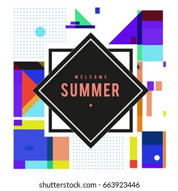 Trendy vector summer cards illustration with elements and abstract colorful textures. Design for holiday vacation poster, card, brochure, and promotion template. Fashion art print and background.