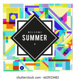 Trendy vector summer cards illustration with elements and abstract colorful textures. Design for holiday vacation poster, card, brochure, and promotion template. Fashion art print and background.