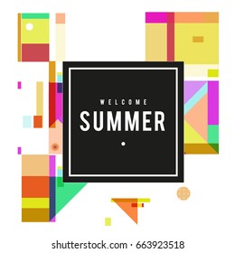 Trendy vector summer cards illustration with elements and abstract colorful textures. Design for holiday vacation poster, card, brochure, and promotion template. Fashion art print and background.