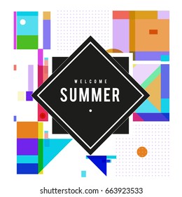Trendy vector summer cards illustration with elements and abstract colorful textures. Design for holiday vacation poster, card, brochure, and promotion template. Fashion art print and background.