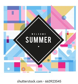 Trendy vector summer cards illustration with elements and abstract colorful textures. Design for holiday vacation poster, card, brochure, and promotion template. Fashion art print and background.