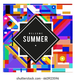 Trendy vector summer cards illustration with elements and abstract colorful textures. Design for holiday vacation poster, card, brochure, and promotion template. Fashion art print and background.