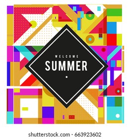 Trendy vector summer cards illustration with elements and abstract colorful textures. Design for holiday vacation poster, card, brochure, and promotion template. Fashion art print and background.