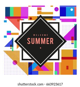 Trendy vector summer cards illustration with elements and abstract colorful textures. Design for holiday vacation poster, card, brochure, and promotion template. Fashion art print and background.