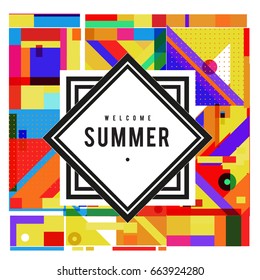 Trendy vector summer cards illustration with elements and abstract colorful textures. Design for holiday vacation poster, card, brochure, and promotion template. Fashion art print and background.