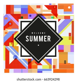 Trendy vector summer cards illustration with elements and abstract colorful textures. Design for holiday vacation poster, card, brochure, and promotion template. Fashion art print and background.