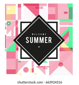 Trendy vector summer cards illustration with elements and abstract colorful textures. Design for holiday vacation poster, card, brochure, and promotion template. Fashion art print and background.