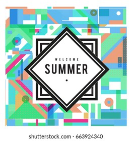 Trendy vector summer cards illustration with elements and abstract colorful textures. Design for holiday vacation poster, card, brochure, and promotion template. Fashion art print and background.